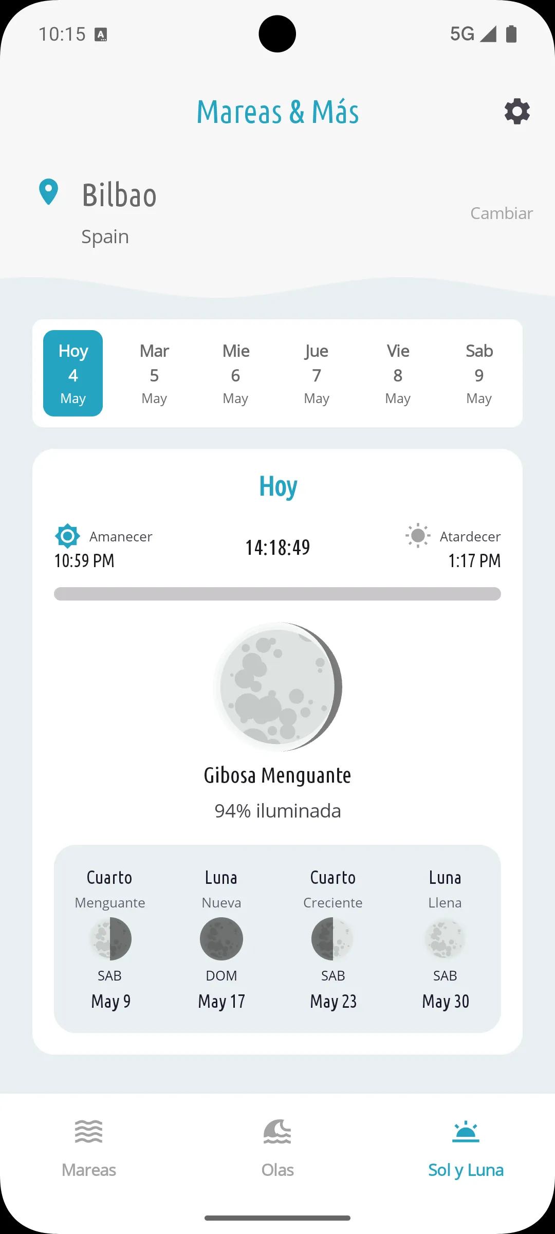 Pantalla de sol y luna con fases lunares